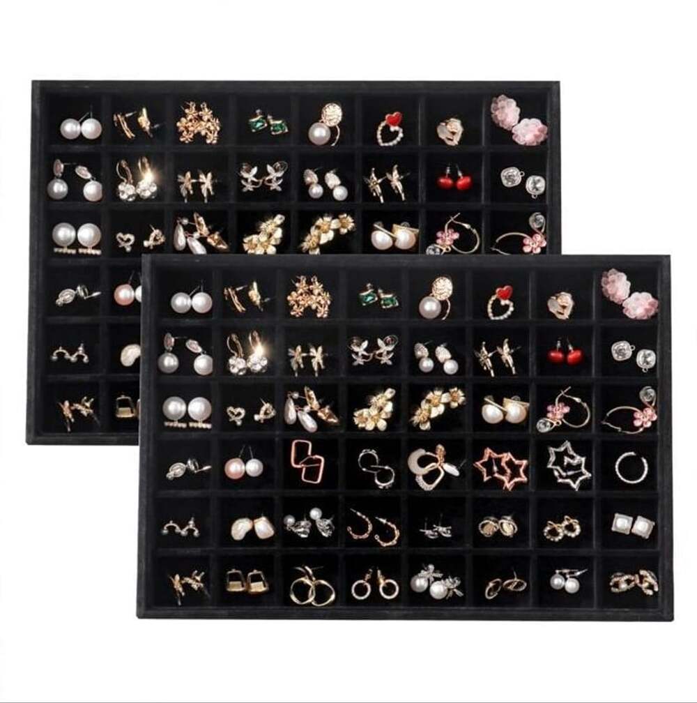 2 Pack Black Velvet 36-Grid Jewelry Organizer Trays with Earrings